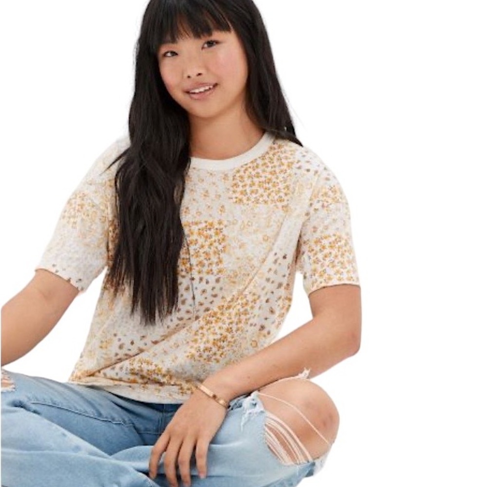 Aerie Yellow Oversized Floral Patchwork Tshirt